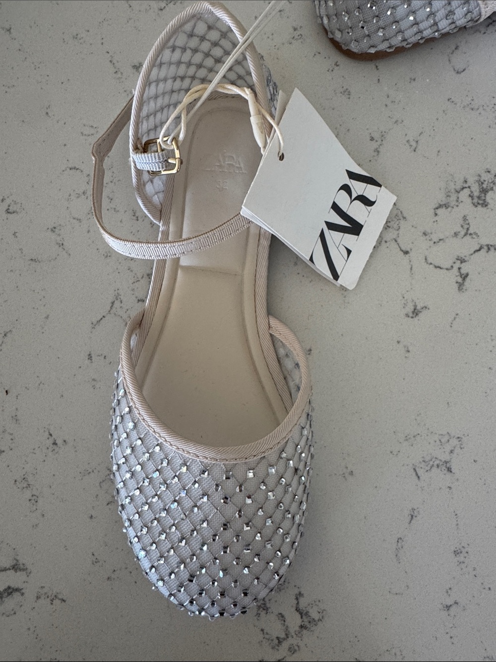 Beige Embellished Girls Ballet Flats with Crystal Detail & Ankle Strap